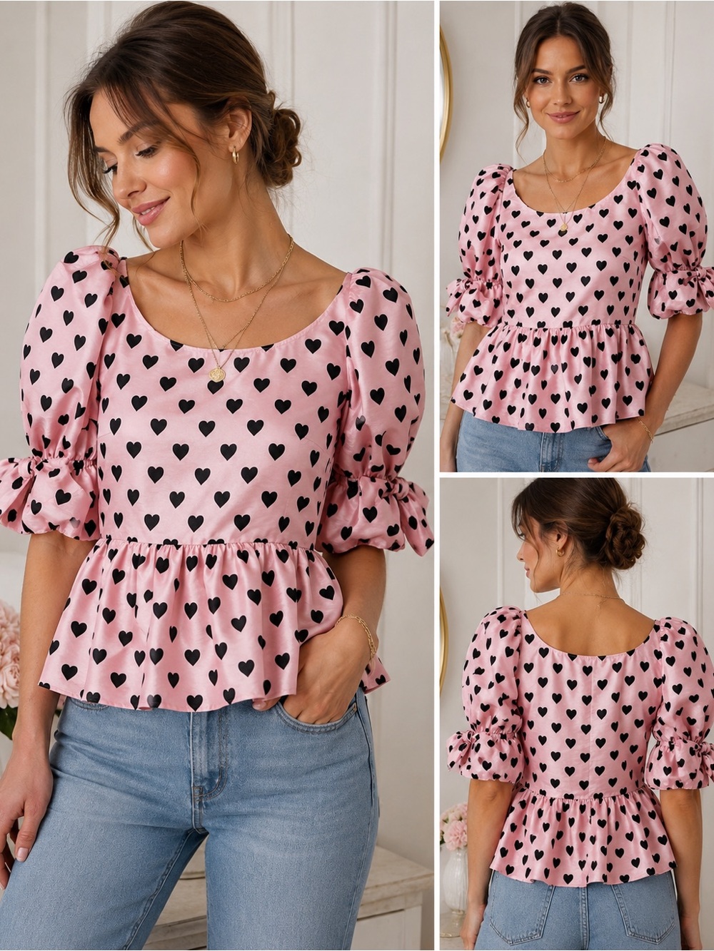 LoveShackFancy Pink Black Heart Print Puff Sleeve Bow Peplum Blouse Top Sz 8